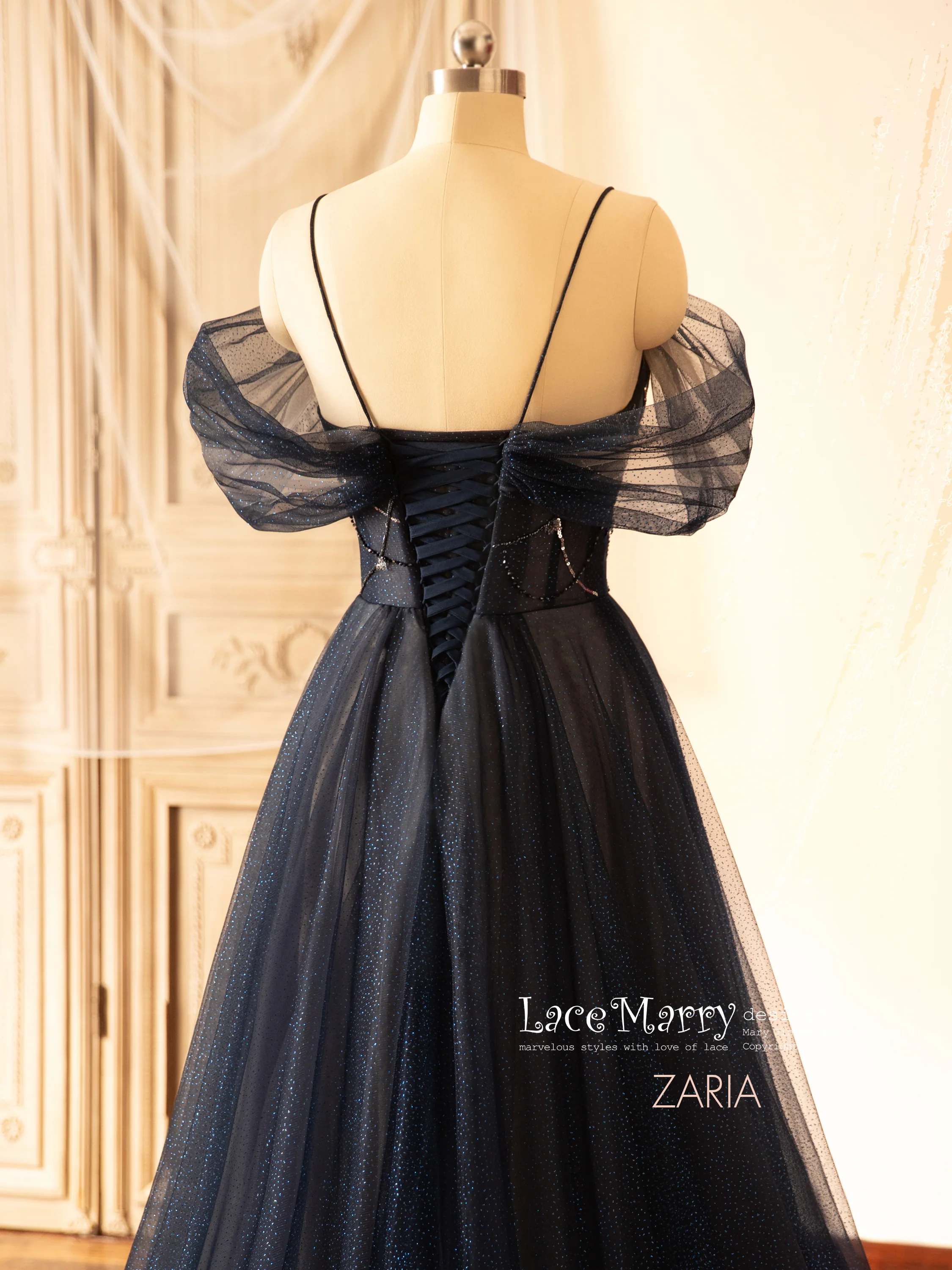 ZARIA / A Line Sparkling Navy Blue Wedding Dress with Deep Plunge Neckline - Image 7