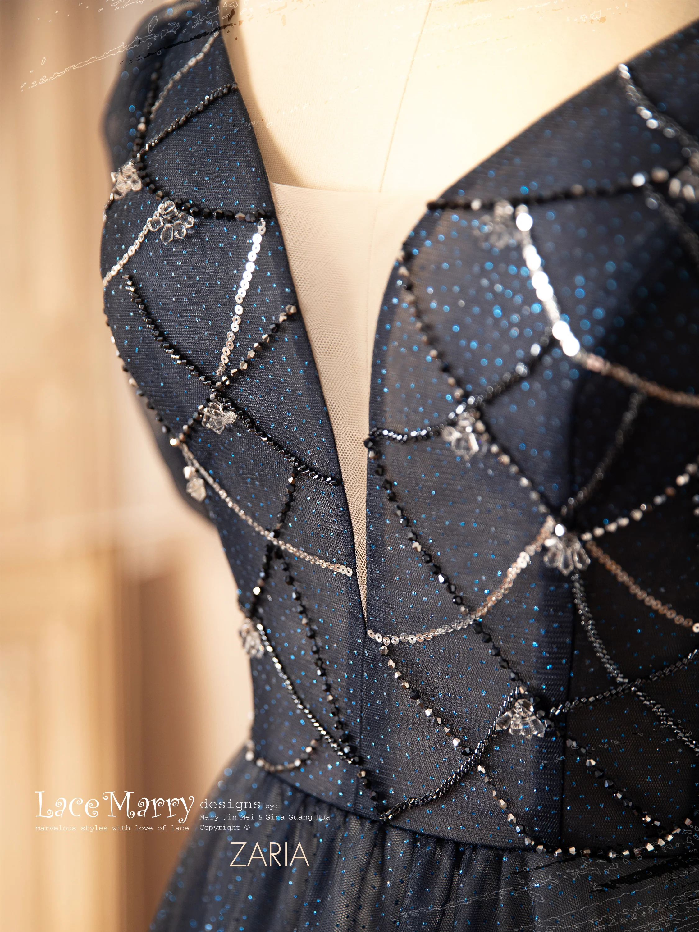 ZARIA / A Line Sparkling Navy Blue Wedding Dress with Deep Plunge Neckline - Image 8
