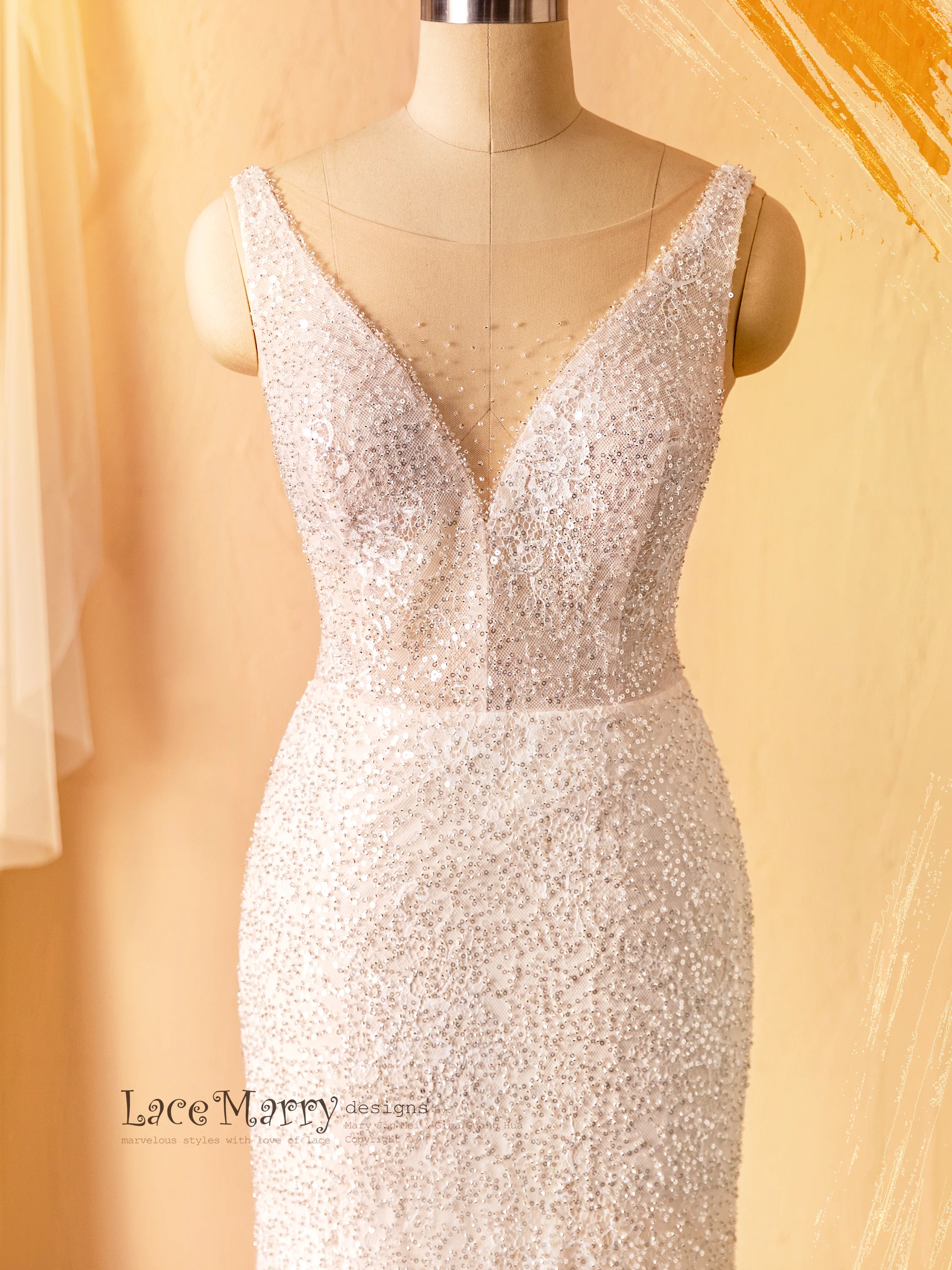 ZURI / Elegant Sparkling Wedding Dress with Illusion Neckline and Deep V Back - Image 3