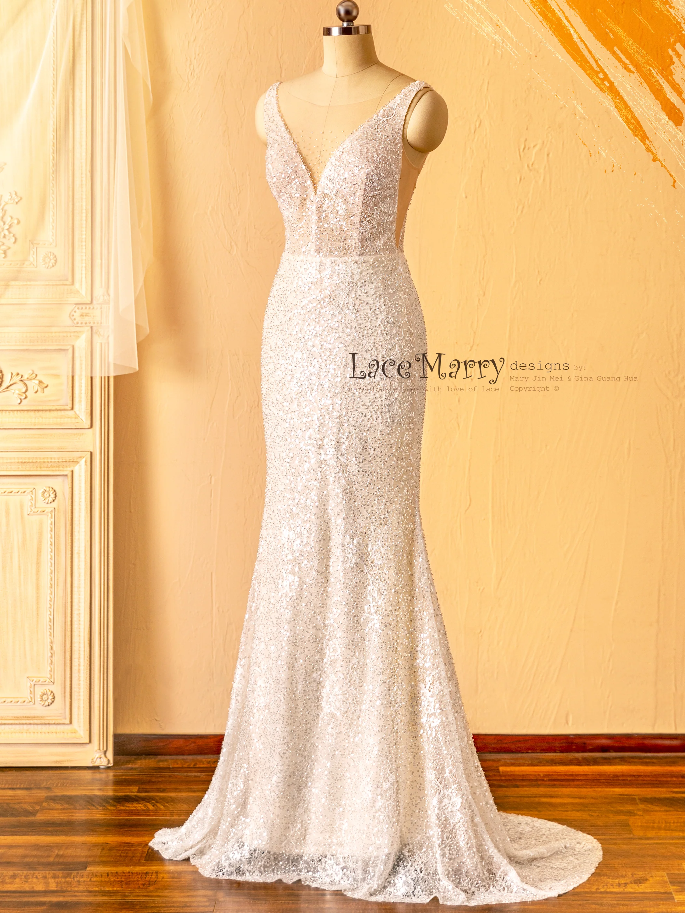 ZURI / Elegant Sparkling Wedding Dress with Illusion Neckline and Deep V Back - Image 4