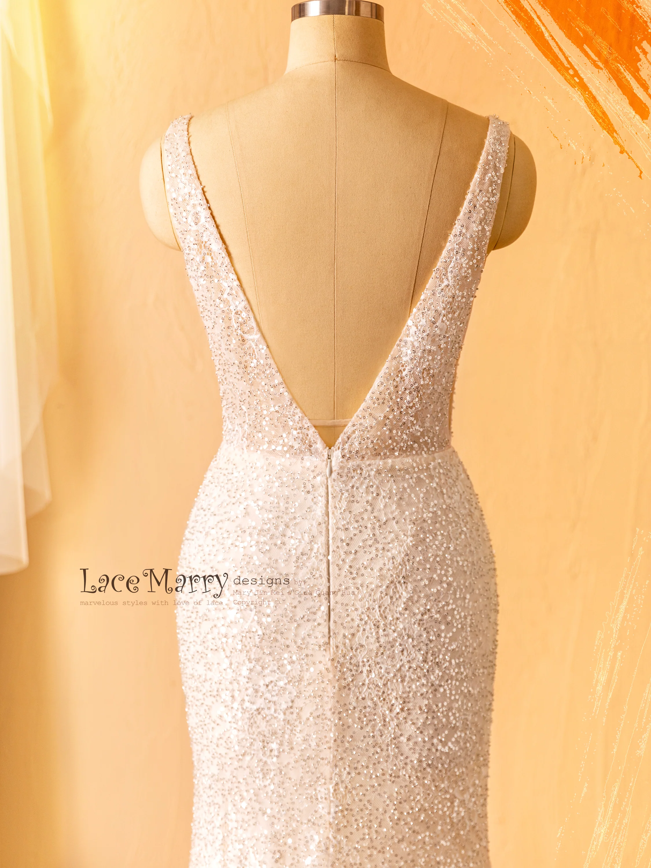 ZURI / Elegant Sparkling Wedding Dress with Illusion Neckline and Deep V Back - Image 6
