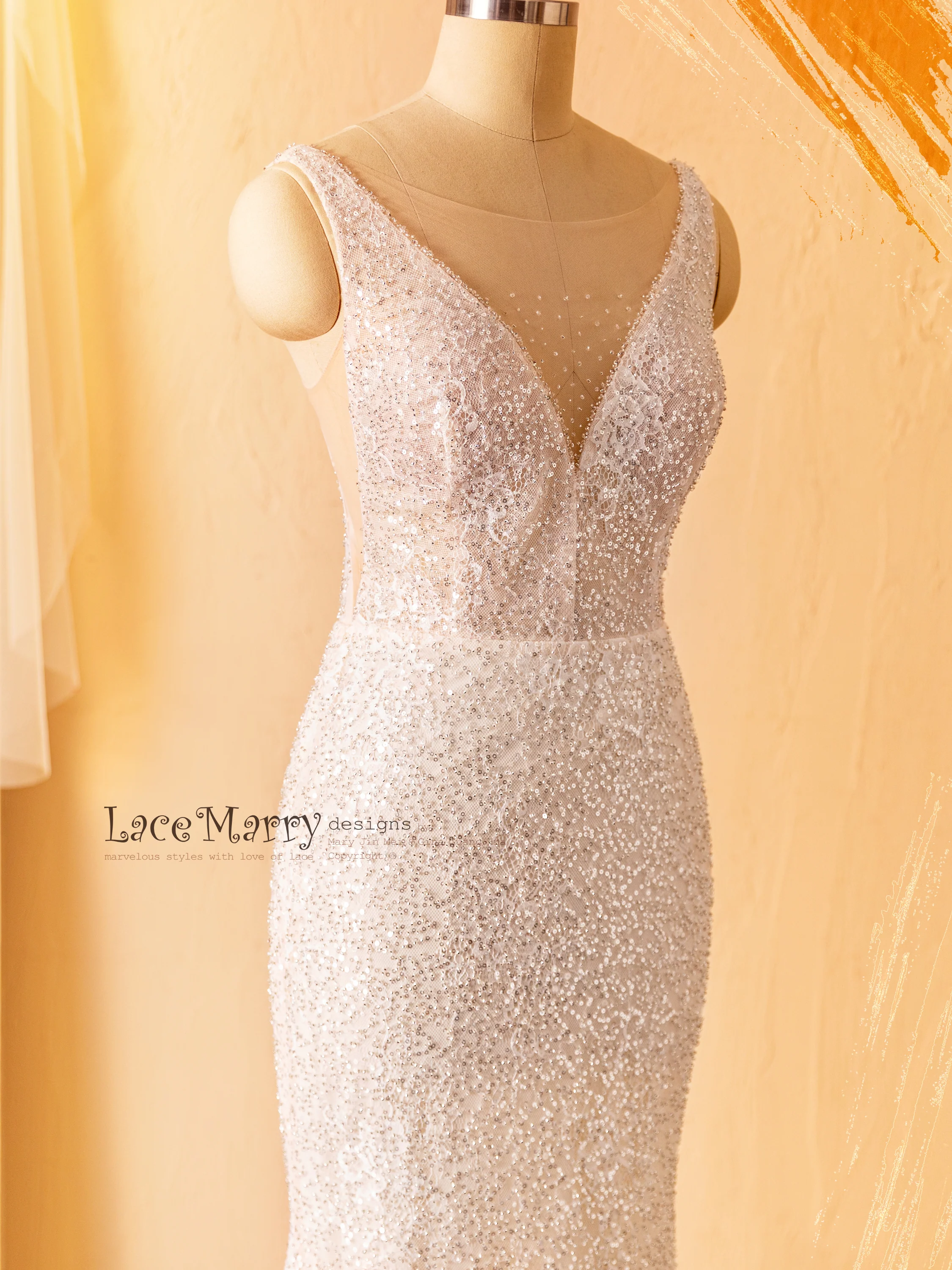 ZURI / Elegant Sparkling Wedding Dress with Illusion Neckline and Deep V Back - Image 7
