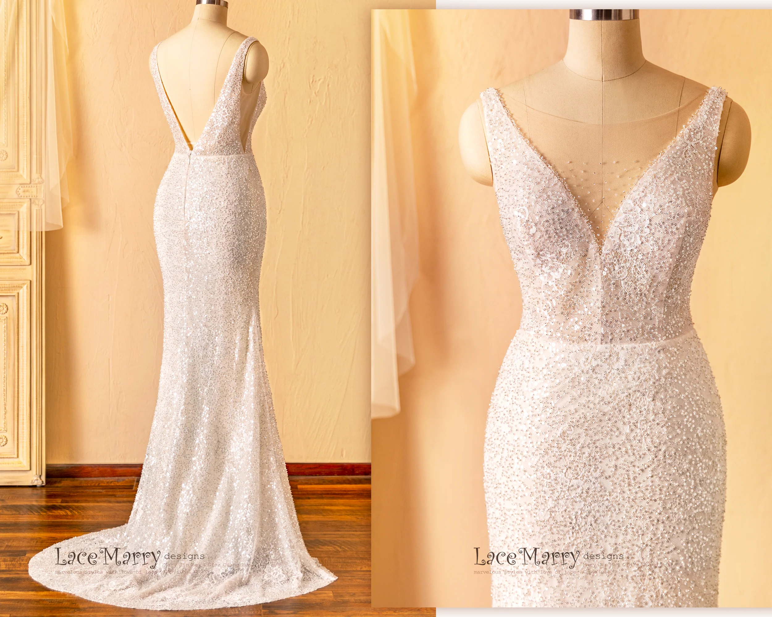 ZURI / Elegant Sparkling Wedding Dress with Illusion Neckline and Deep V Back - Image 8